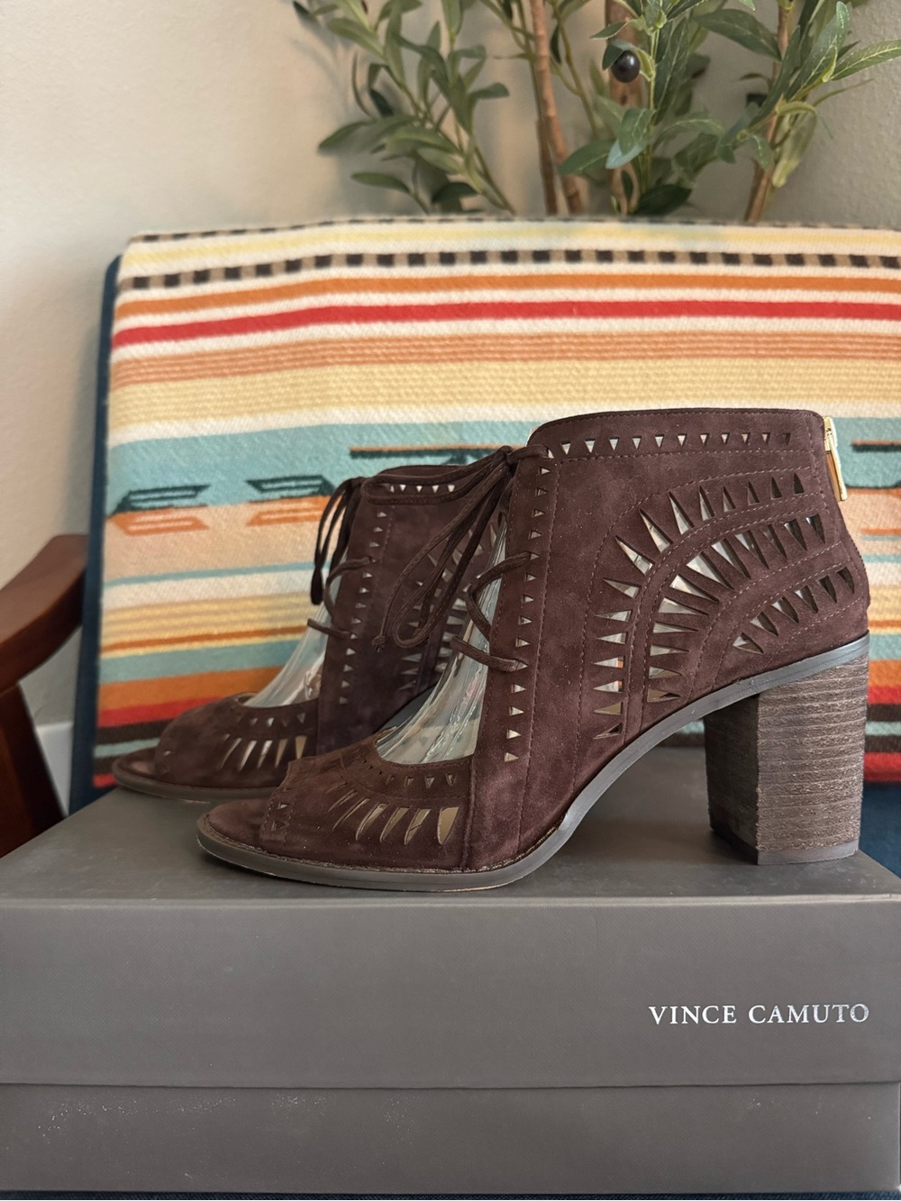 Vince Camuto laser cut suede Lace-Up Block Heel Booties